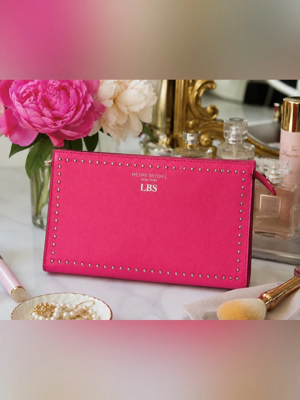 HENRI BENDEL NY Lipstick Pink Pebbled Leather Studded Cosmetic Pouch Clutch